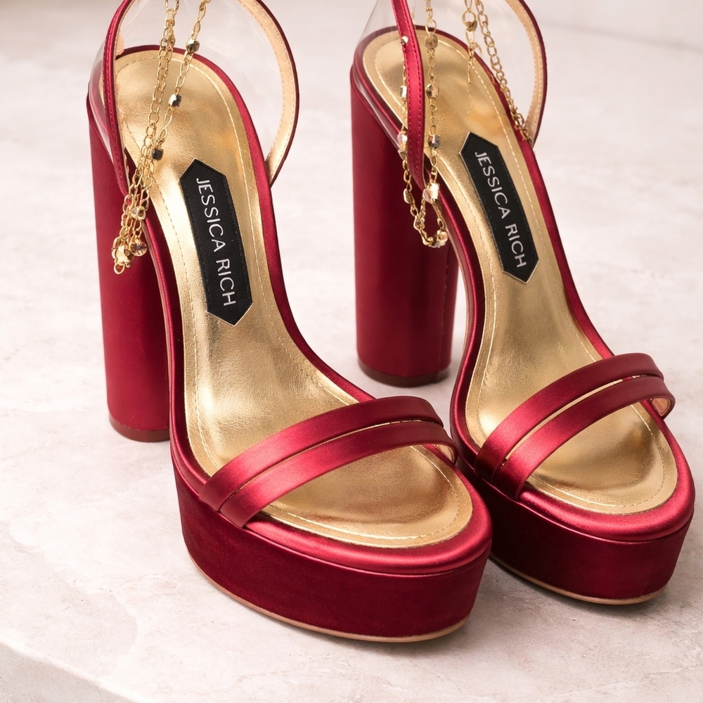 Jessica Rich Red Satin Platform Sandals Chain Anklet Block Heel Designer
